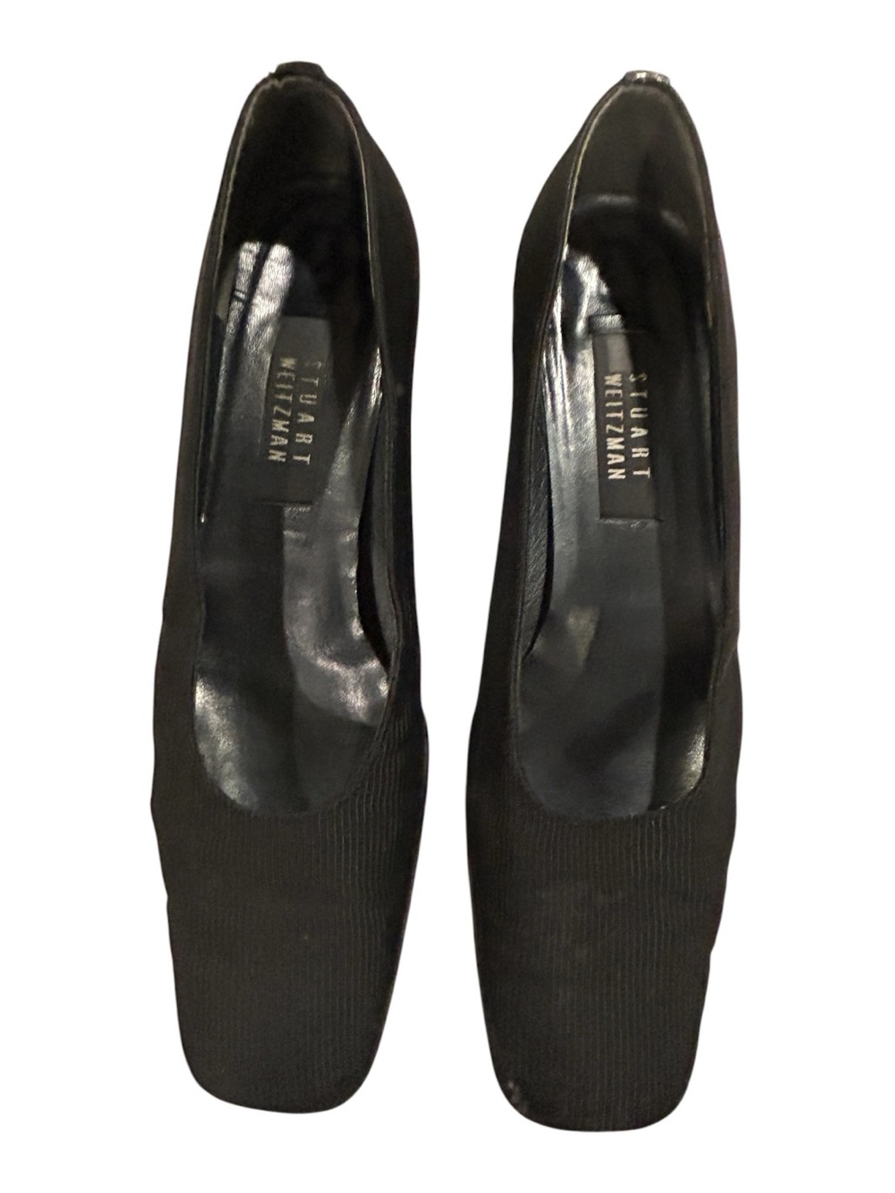 Stuart Weitzman Black Ribbed Square Toe Pumps Size 10 AA Vintage Low Heel Career